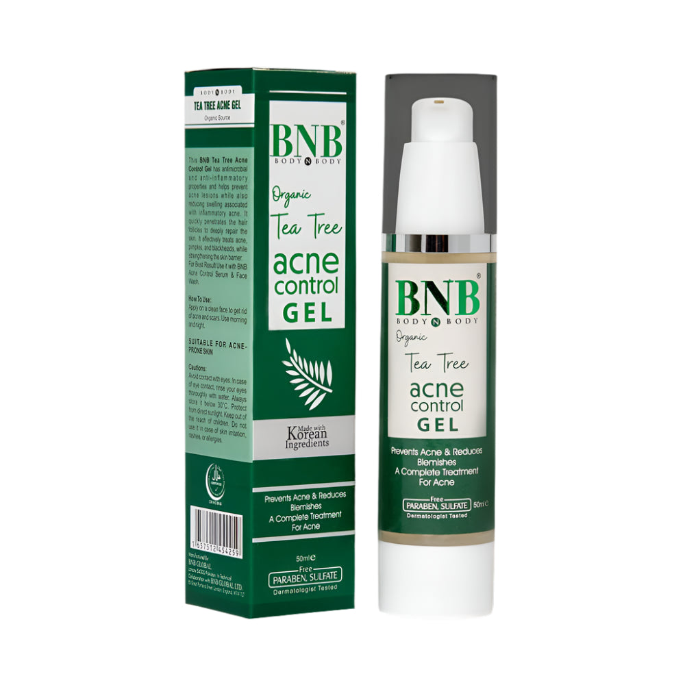 BNB Botanica Organic Tea Tree Acne Control Gel packaging on a black background